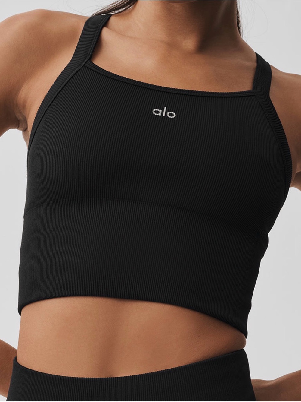 ALO Yoga Black Ribbed Square-Neck Crop Top